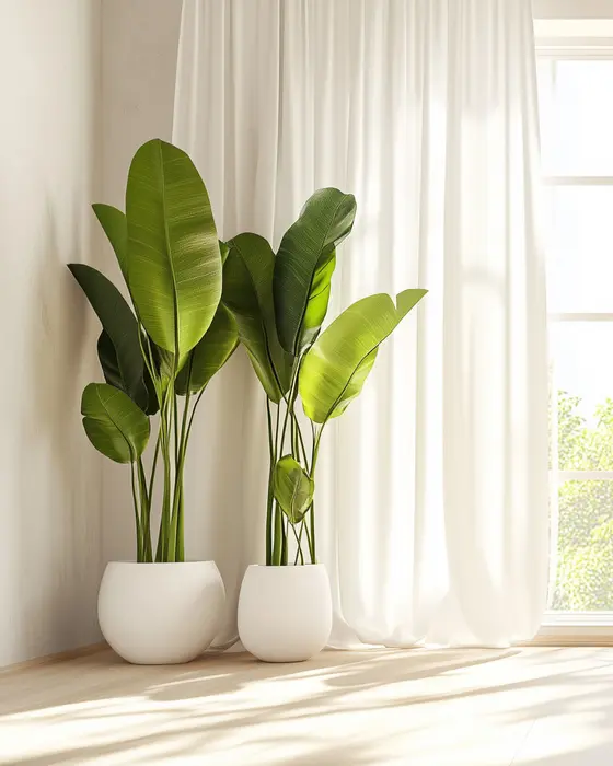Plantas tropicales junto a una ventana en un interior luminoso